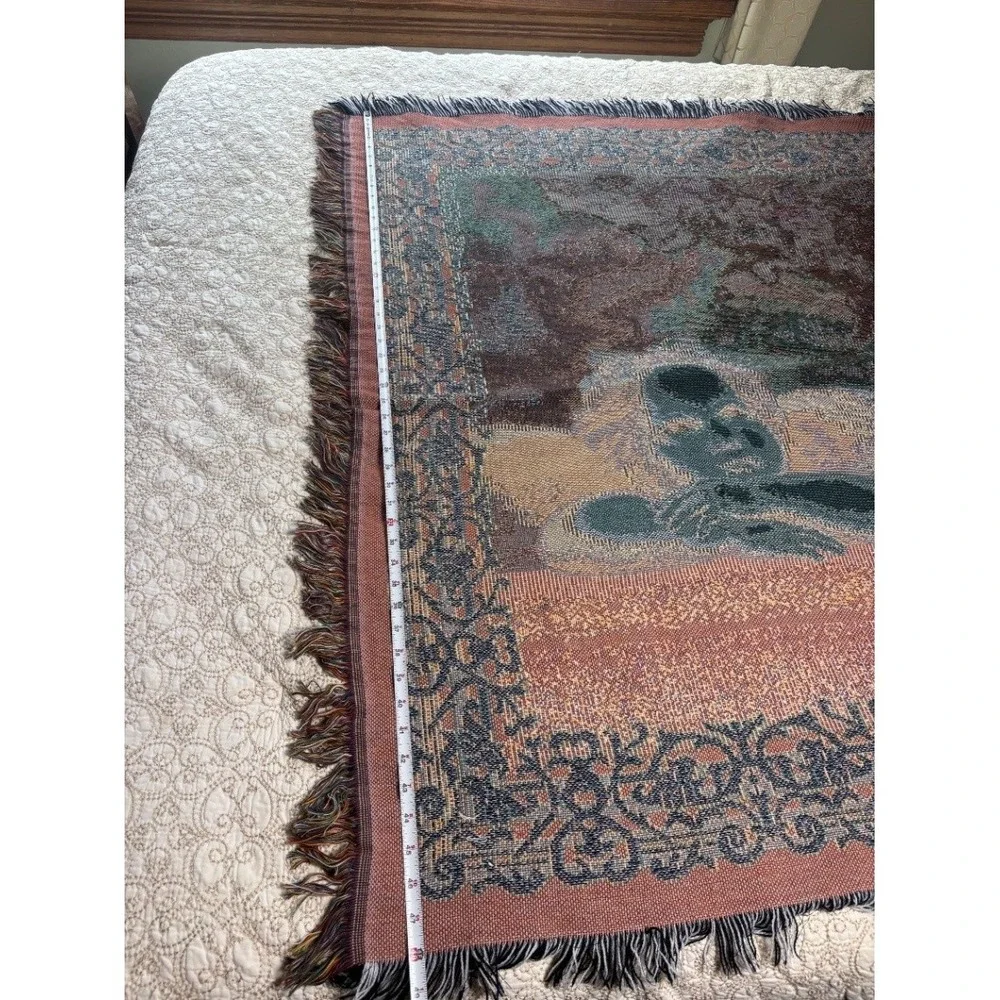 Vintage Raphael Cherub Woven Tapestry Throw Blanket Multicolor Fringed EUC